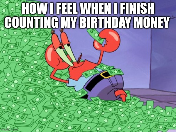 mr krabs money | HOW I FEEL WHEN I FINISH COUNTING MY BIRTHDAY MONEY | image tagged in mr krabs money | made w/ Imgflip meme maker
