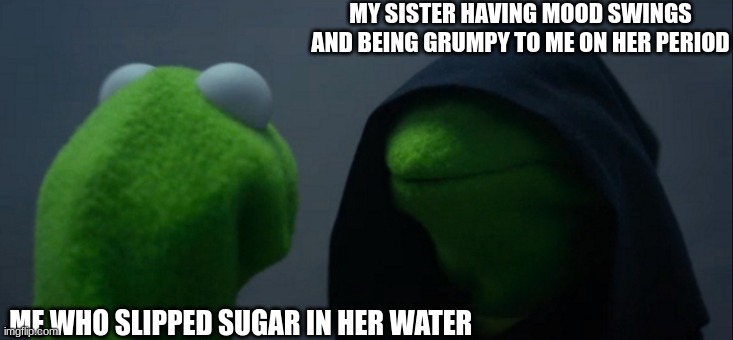 Evil Kermit | MY SISTER HAVING MOOD SWINGS AND BEING GRUMPY TO ME ON HER PERIOD; ME WHO SLIPPED SUGAR IN HER WATER | image tagged in memes,evil kermit | made w/ Imgflip meme maker