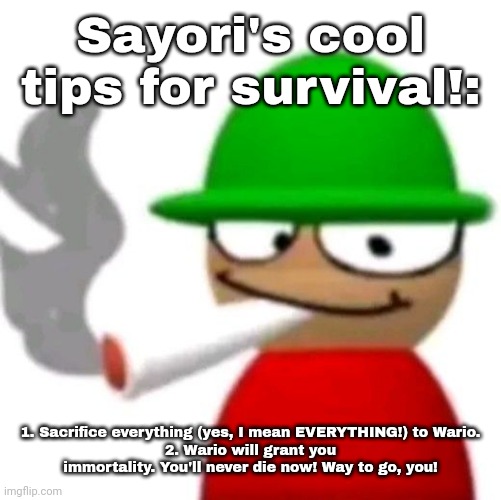 Expunged smoking a fat blunt | Sayori's cool tips for survival!:; 1. Sacrifice everything (yes, I mean EVERYTHING!) to Wario.
2. Wario will grant you immortality. You'll never die now! Way to go, you! | image tagged in bambi smoking a fat blunt but better | made w/ Imgflip meme maker