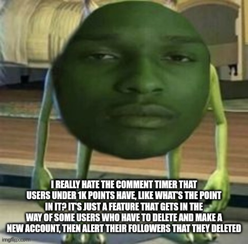 Mike Wazowski Bruh | I REALLY HATE THE COMMENT TIMER THAT USERS UNDER 1K POINTS HAVE, LIKE WHAT'S THE POINT IN IT? IT'S JUST A FEATURE THAT GETS IN THE WAY OF SOME USERS WHO HAVE TO DELETE AND MAKE A NEW ACCOUNT, THEN ALERT THEIR FOLLOWERS THAT THEY DELETED | image tagged in mike wazowski bruh | made w/ Imgflip meme maker