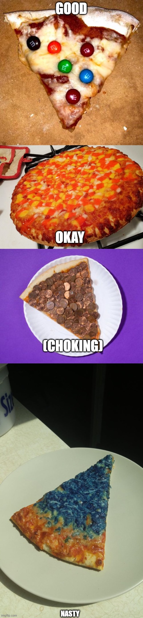 Comment which one you would eat? | GOOD; OKAY; (CHOKING); NASTY | image tagged in pizaa,types,money | made w/ Imgflip meme maker