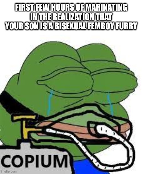 if i find that out imma have to go get the milk | FIRST FEW HOURS OF MARINATING IN THE REALIZATION THAT YOUR SON IS A BISEXUAL FEMBOY FURRY | image tagged in copium | made w/ Imgflip meme maker