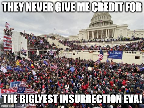 Biglyest insurrection | THEY NEVER GIVE ME CREDIT FOR; THE BIGLYEST INSURRECTION EVA! | image tagged in donald trump,coup,maga,media | made w/ Imgflip meme maker