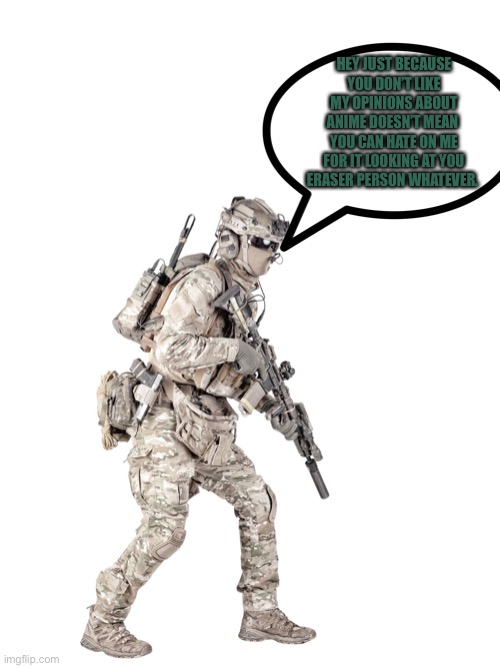 Airsoft solider | HEY JUST BECAUSE YOU DON’T LIKE MY OPINIONS ABOUT ANIME DOESN’T MEAN  YOU CAN HATE ON ME FOR IT LOOKING AT YOU ERASER PERSON WHATEVER. | image tagged in airsoft solider | made w/ Imgflip meme maker