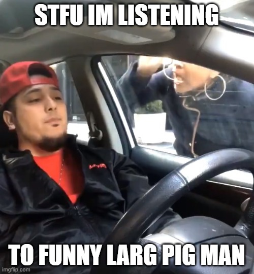 stfu im listening to | STFU IM LISTENING TO FUNNY LARG PIG MAN | image tagged in stfu im listening to | made w/ Imgflip meme maker
