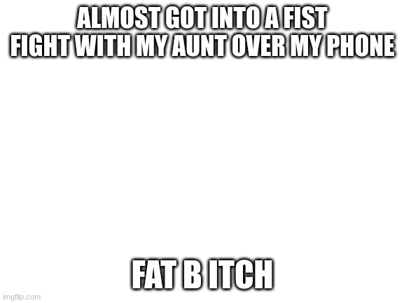 hate this sh it | ALMOST GOT INTO A FIST FIGHT WITH MY AUNT OVER MY PHONE; FAT B ITCH | image tagged in blank white template | made w/ Imgflip meme maker