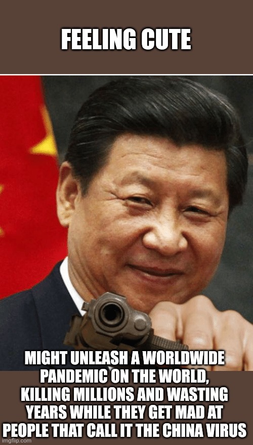 DON'T YOU DARE CRITICIZE HIM OR YOU'RE RACIST!!! IF PEARL HARBOR HAPPENED TODAY WOULD ANYONE EVEN CARE????? | FEELING CUTE; MIGHT UNLEASH A WORLDWIDE PANDEMIC ON THE WORLD, KILLING MILLIONS AND WASTING YEARS WHILE THEY GET MAD AT PEOPLE THAT CALL IT THE CHINA VIRUS | image tagged in xi jinping,china virus,we are all dummies | made w/ Imgflip meme maker