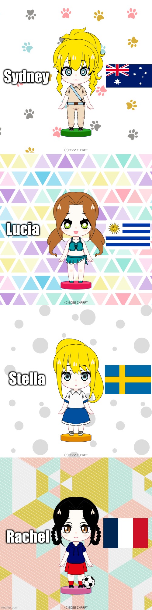My Around the World Characters! (Part 2) |  Sydney; Lucia; Stella; Rachel | image tagged in chibi | made w/ Imgflip meme maker
