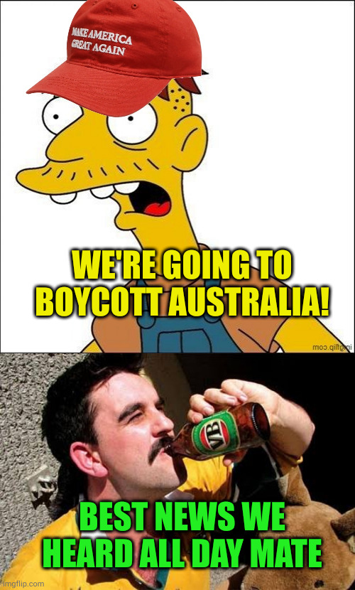 Because magats are suddenly tennis fans? How very mayo of them | WE'RE GOING TO BOYCOTT AUSTRALIA! BEST NEWS WE HEARD ALL DAY MATE | image tagged in some kind of maga moron,aussie bogan | made w/ Imgflip meme maker