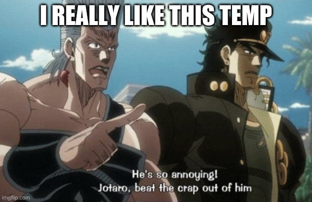 He's so annoying! Jotaro beat the crap out of him | I REALLY LIKE THIS TEMP | image tagged in he's so annoying jotaro beat the crap out of him | made w/ Imgflip meme maker