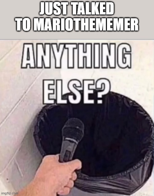 Anything else | JUST TALKED TO MARIOTHEMEMER | image tagged in anything else | made w/ Imgflip meme maker