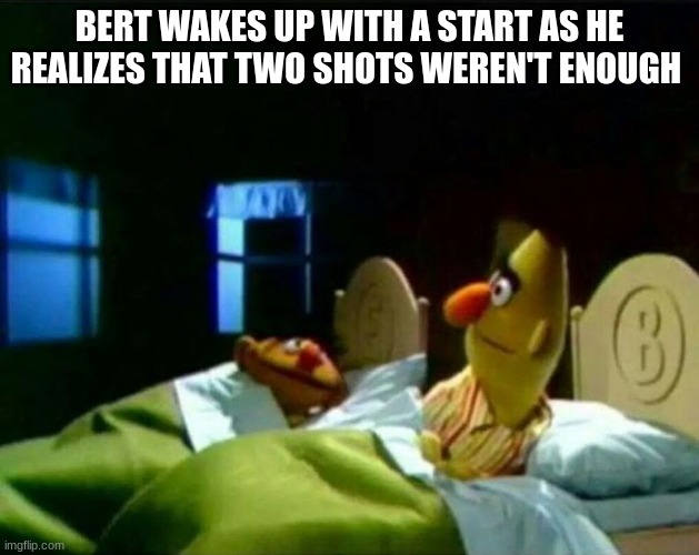 Submission Rules Rule 100- No Discrimination Rule 21- We're not creative with rule names and we don't care Rule 13 cause I'm gon | BERT WAKES UP WITH A START AS HE REALIZES THAT TWO SHOTS WEREN'T ENOUGH | image tagged in ernie and bert | made w/ Imgflip meme maker