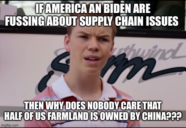 Why? | IF AMERICA AN BIDEN ARE FUSSING ABOUT SUPPLY CHAIN ISSUES; THEN WHY DOES NOBODY CARE THAT HALF OF US FARMLAND IS OWNED BY CHINA??? | image tagged in you guys are getting paid | made w/ Imgflip meme maker