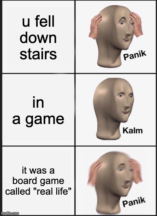 lol | u fell down stairs; in a game; it was a board game called "real life" | image tagged in memes,panik kalm panik | made w/ Imgflip meme maker