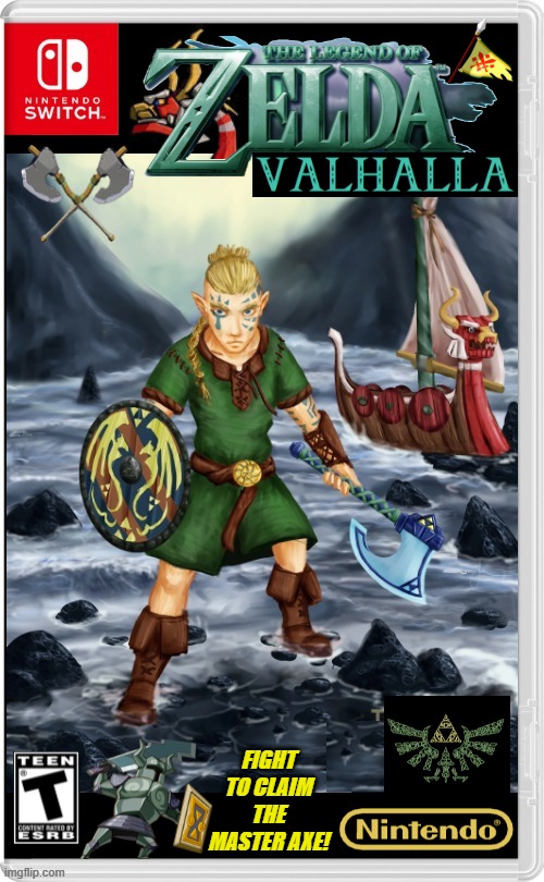 VIKING ZELDA | FIGHT TO CLAIM THE MASTER AXE! | image tagged in nintendo switch,vikings,the legend of zelda,link,fake switch games,zelda | made w/ Imgflip meme maker