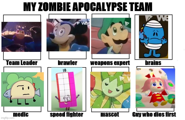 This is my Offical Zombie Apocalypse Team | image tagged in my zombie apocalypse team,crossover,pokemon,bfb,kirby | made w/ Imgflip meme maker