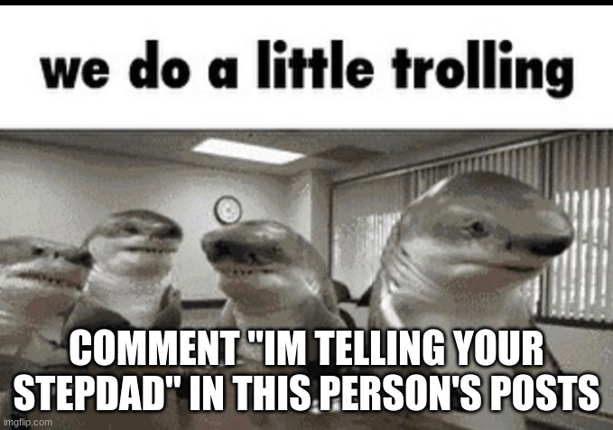 https://imgflip.com/user/atheist_human | COMMENT "IM TELLING YOUR STEPDAD" IN THIS PERSON'S POSTS | image tagged in we do a little trolling | made w/ Imgflip meme maker