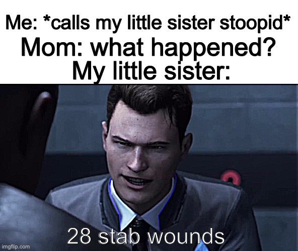 little sisters be like: | Me: *calls my little sister stoopid*; Mom: what happened? My little sister:; 28 stab wounds | image tagged in 28 stab wounds,siblings | made w/ Imgflip meme maker