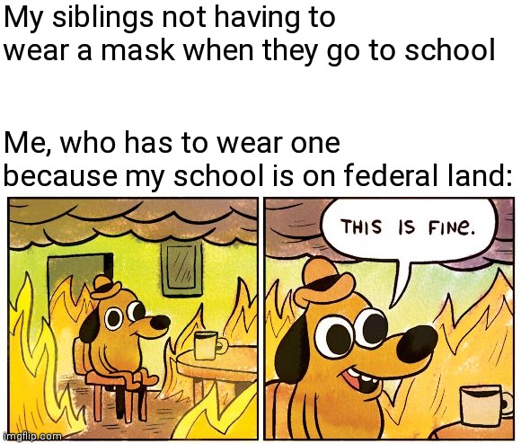 This Is Fine Meme | My siblings not having to wear a mask when they go to school; Me, who has to wear one because my school is on federal land: | image tagged in memes,this is fine | made w/ Imgflip meme maker