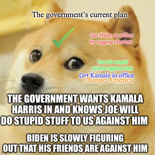 The government’s plan to destroy the U S | The government’s current plan; Get Biden in office by rigging election; Use his stupid actions against him; Get Kamala in office; Change America; THE GOVERNMENT WANTS KAMALA HARRIS IN AND KNOWS JOE WILL DO STUPID STUFF TO US AGAINST HIM; BIDEN IS SLOWLY FIGURING OUT THAT HIS FRIENDS ARE AGAINST HIM | image tagged in memes,doge | made w/ Imgflip meme maker