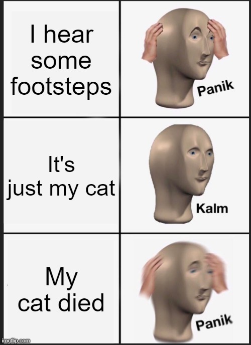 Cat SUS | I hear some footsteps; It's just my cat; My cat died | image tagged in memes,panik kalm panik | made w/ Imgflip meme maker