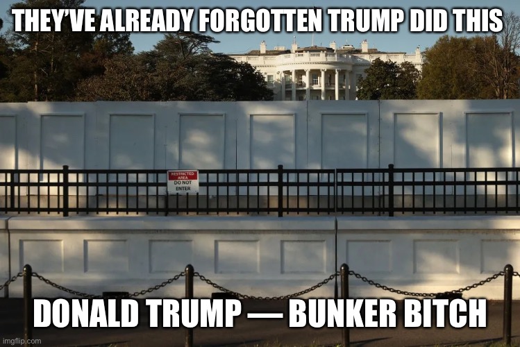 Bunker bitch | THEY’VE ALREADY FORGOTTEN TRUMP DID THIS DONALD TRUMP — BUNKER BITCH | image tagged in bunker bitch | made w/ Imgflip meme maker
