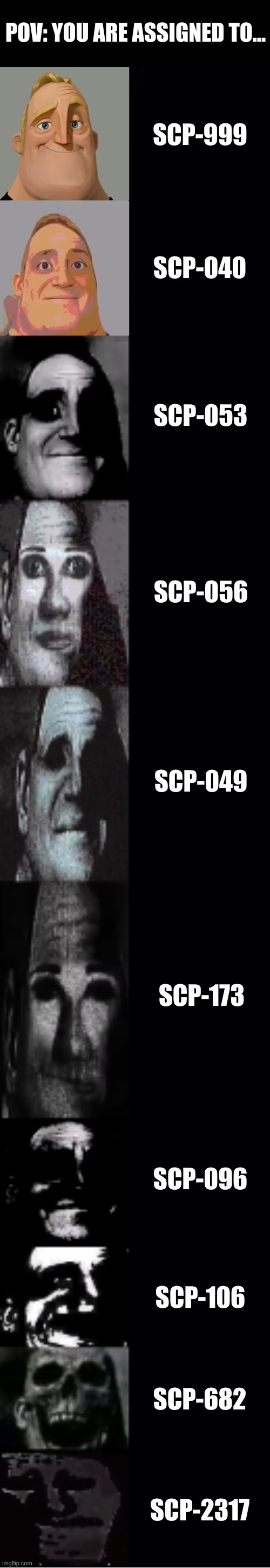 A SCP Meme | POV: YOU ARE ASSIGNED TO... SCP-999; SCP-040; SCP-053; SCP-056; SCP-049; SCP-173; SCP-096; SCP-106; SCP-682; SCP-2317 | image tagged in mr incredible becoming uncanny | made w/ Imgflip meme maker