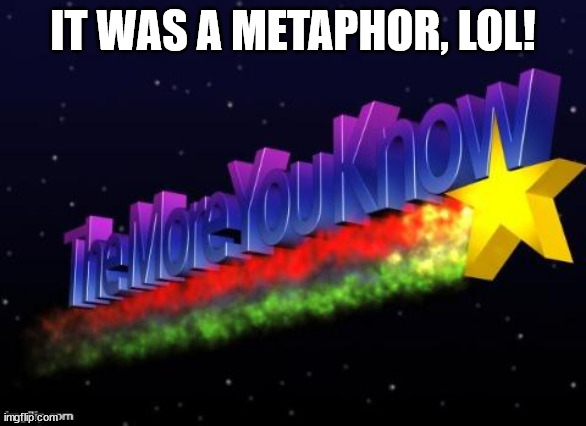 the more you know | IT WAS A METAPHOR, LOL! | image tagged in the more you know | made w/ Imgflip meme maker