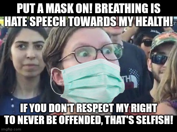 The only purpose that masks serve is to give SJWs an excuse to harass you | PUT A MASK ON! BREATHING IS HATE SPEECH TOWARDS MY HEALTH! IF YOU DON'T RESPECT MY RIGHT TO NEVER BE OFFENDED, THAT'S SELFISH! | image tagged in sjws,triggered feminist,masks,hysteria | made w/ Imgflip meme maker