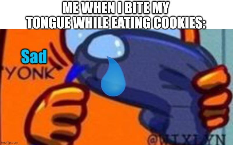 yeah every yonk meme must include cookies | ME WHEN I BITE MY TONGUE WHILE EATING COOKIES: | image tagged in sad yonk | made w/ Imgflip meme maker