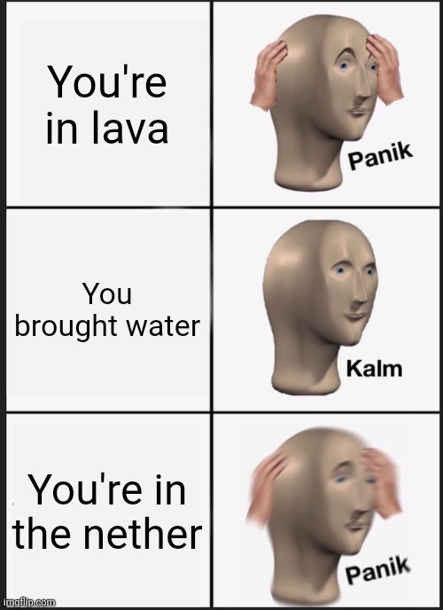 Panik Kalm Panik Meme | You're in lava; You brought water; You're in the nether | image tagged in memes,panik kalm panik | made w/ Imgflip meme maker