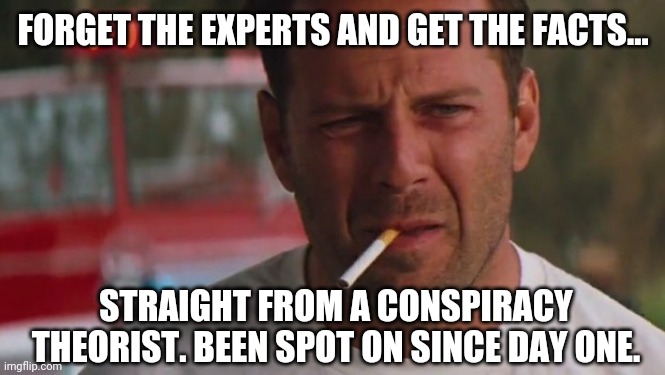 Spot on. | FORGET THE EXPERTS AND GET THE FACTS... STRAIGHT FROM A CONSPIRACY THEORIST. BEEN SPOT ON SINCE DAY ONE. | image tagged in bruce willis head or gut | made w/ Imgflip meme maker