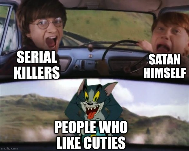 don't watch this movie EVER | SATAN HIMSELF; SERIAL KILLERS; PEOPLE WHO LIKE CUTIES | image tagged in tom chasing harry and ron weasly,dank memes,memes | made w/ Imgflip meme maker