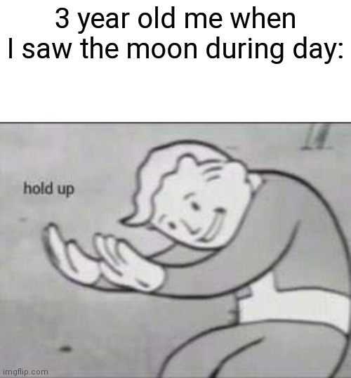 Fallout hold up with space on the top | 3 year old me when I saw the moon during day: | image tagged in fallout hold up with space on the top | made w/ Imgflip meme maker