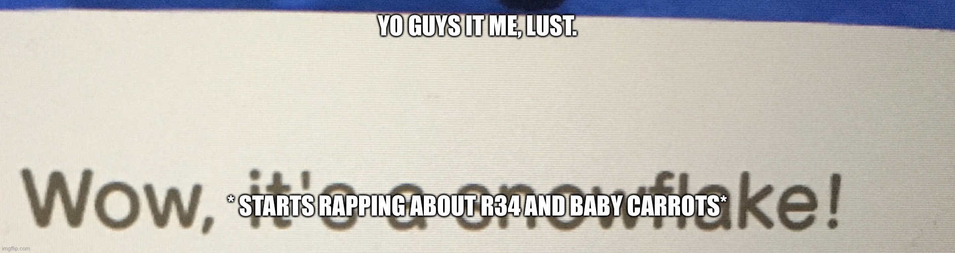 Wow, it’s a snowflake! | YO GUYS IT ME, LUST. * STARTS RAPPING ABOUT R34 AND BABY CARROTS* | image tagged in wow it s a snowflake | made w/ Imgflip meme maker