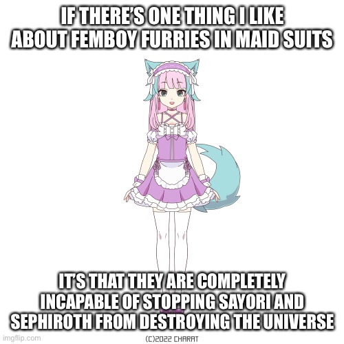 Furry in maid suit | IF THERE’S ONE THING I LIKE ABOUT FEMBOY FURRIES IN MAID SUITS; IT’S THAT THEY ARE COMPLETELY INCAPABLE OF STOPPING SAYORI AND SEPHIROTH FROM DESTROYING THE UNIVERSE | image tagged in furry in maid suit | made w/ Imgflip meme maker