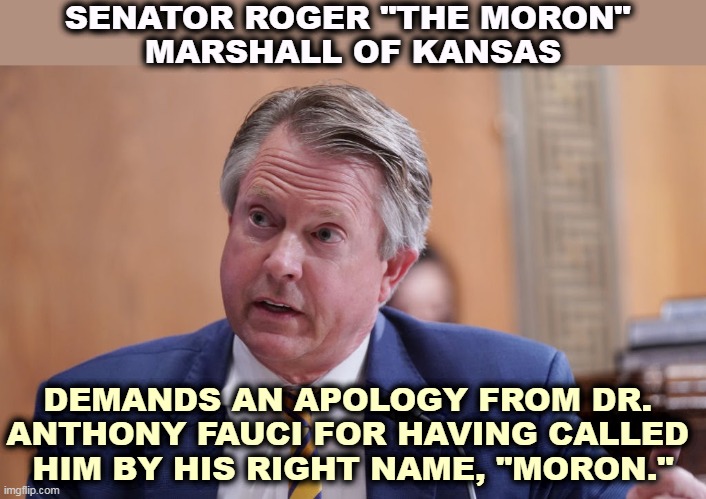 If Marshall doesn't want to be called a moron, he should stop acting like one. | SENATOR ROGER "THE MORON" 
MARSHALL OF KANSAS; DEMANDS AN APOLOGY FROM DR. 
ANTHONY FAUCI FOR HAVING CALLED 
HIM BY HIS RIGHT NAME, "MORON." | image tagged in republican,senators,morons,fauci,right | made w/ Imgflip meme maker