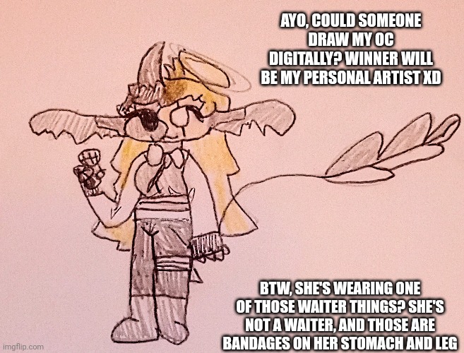 You don't have to, I just want a pic for thumbnails | AYO, COULD SOMEONE DRAW MY OC DIGITALLY? WINNER WILL BE MY PERSONAL ARTIST XD; BTW, SHE'S WEARING ONE OF THOSE WAITER THINGS? SHE'S NOT A WAITER, AND THOSE ARE BANDAGES ON HER STOMACH AND LEG | image tagged in drawings,contest | made w/ Imgflip meme maker