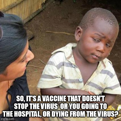 Hmmm | SO, IT'S A VACCINE THAT DOESN'T STOP THE VIRUS  OR YOU GOING TO THE HOSPITAL, OR DYING FROM THE VIRUS? | image tagged in memes,third world skeptical kid | made w/ Imgflip meme maker