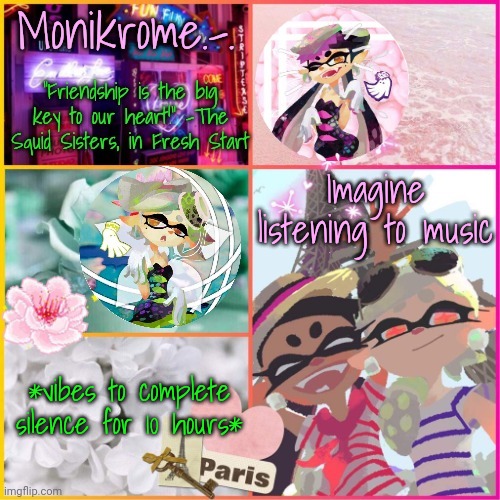 Squid Sisters temp but cooler | Imagine listening to music; *vibes to complete silence for 10 hours* | image tagged in squid sisters temp but cooler | made w/ Imgflip meme maker