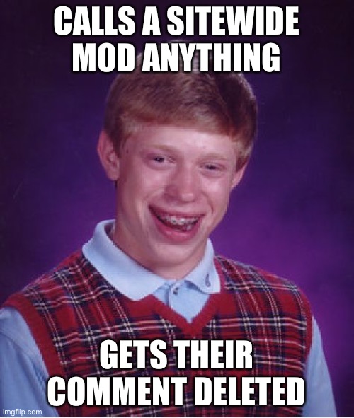 Bad Luck Brian Meme | CALLS A SITEWIDE MOD ANYTHING GETS THEIR COMMENT DELETED | image tagged in memes,bad luck brian | made w/ Imgflip meme maker