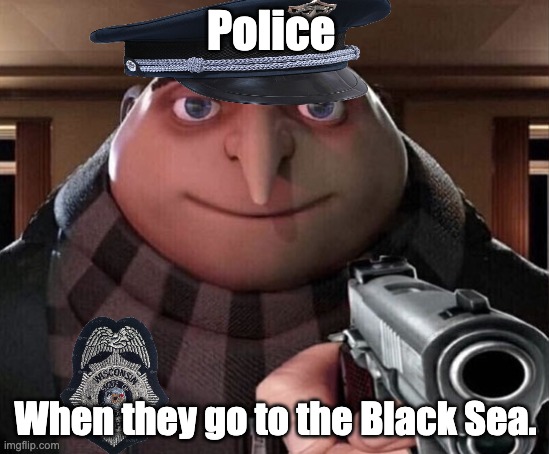 Gru Cop | Police; When they go to the Black Sea. | image tagged in gru gun,sus,funny,dark humor | made w/ Imgflip meme maker