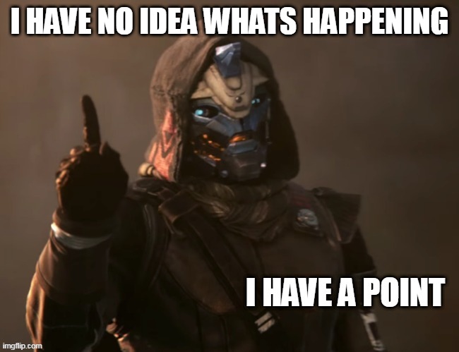 I HAVE NO IDEA WHATS HAPPENING | image tagged in cayde-6 has a point | made w/ Imgflip meme maker
