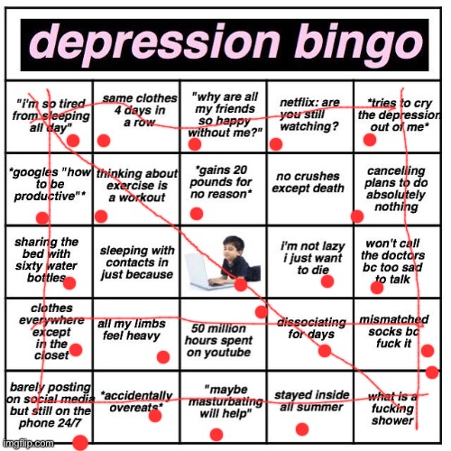 Depression bingo | image tagged in depression bingo | made w/ Imgflip meme maker