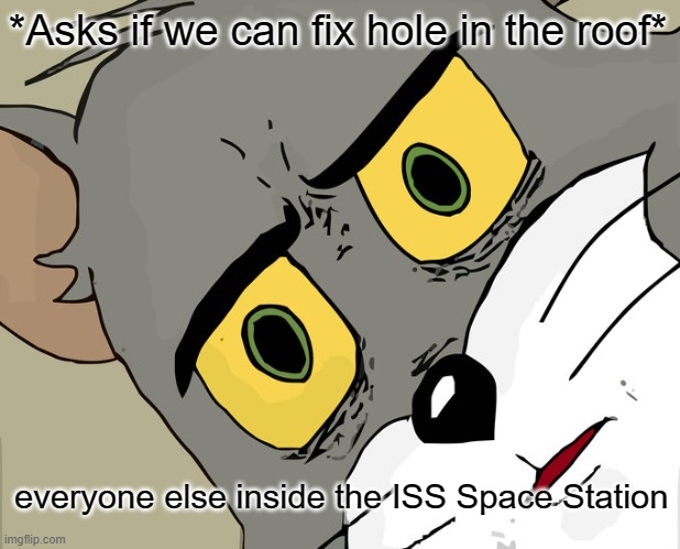 Unsettled Tom Meme | *Asks if we can fix hole in the roof*; everyone else inside the ISS Space Station | image tagged in memes,unsettled tom,memes | made w/ Imgflip meme maker
