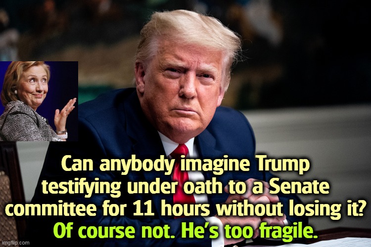 On live TV! Can you imagine it? | Can anybody imagine Trump testifying under oath to a Senate committee for 11 hours without losing it? Of course not. He's too fragile. | image tagged in hillary,strong,smart,trump,weak,stupid | made w/ Imgflip meme maker