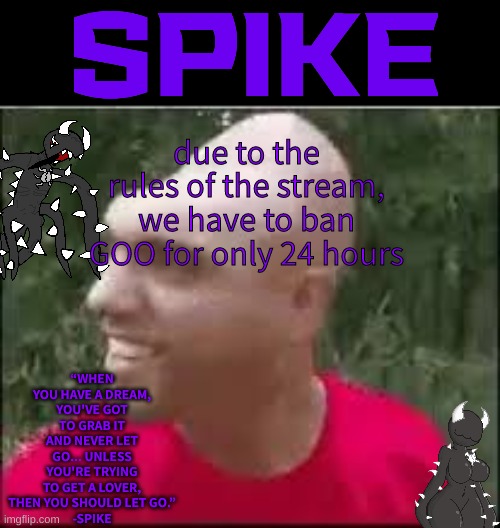 01110011 01110000 01101001 01101011 01100101 | due to the rules of the stream, we have to ban GOO for only 24 hours | image tagged in 01110011 01110000 01101001 01101011 01100101 | made w/ Imgflip meme maker