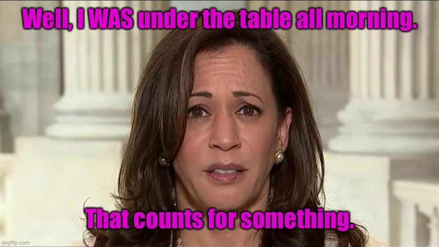 kamala harris | Well, I WAS under the table all morning. That counts for something. | image tagged in kamala harris | made w/ Imgflip meme maker