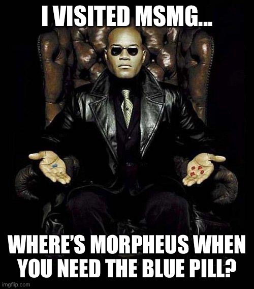 Never going there again... someone pass the unsee | I VISITED MSMG... WHERE’S MORPHEUS WHEN YOU NEED THE BLUE PILL? | image tagged in morpheus blue red pill | made w/ Imgflip meme maker