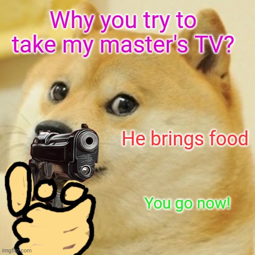 Doge Meme | Why you try to take my master's TV? He brings food You go now! | image tagged in memes,doge | made w/ Imgflip meme maker
